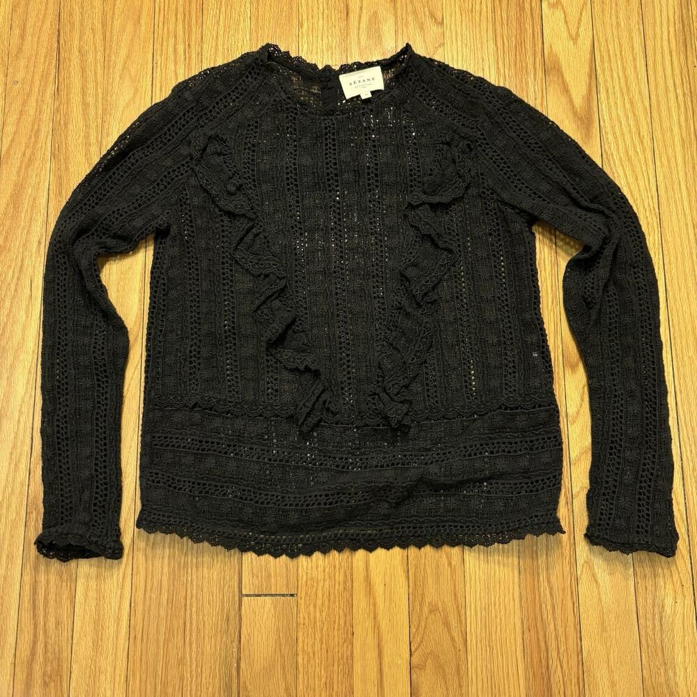 Sézane Black Lace Ruffle Long Sleeve Blouse Button Back Women’s Size 34